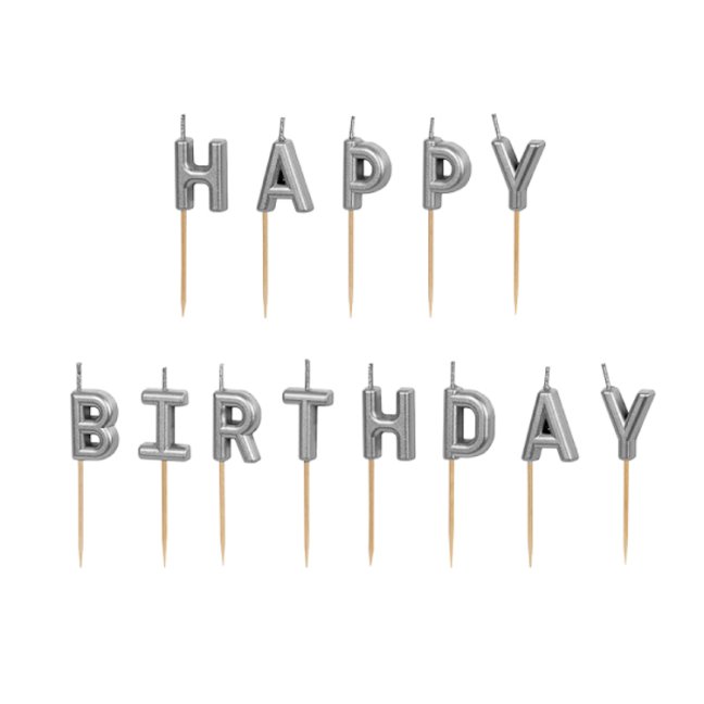 Dortové svíčky - Happy Birthday, stříbrná, 13 ks, 2,5 cm