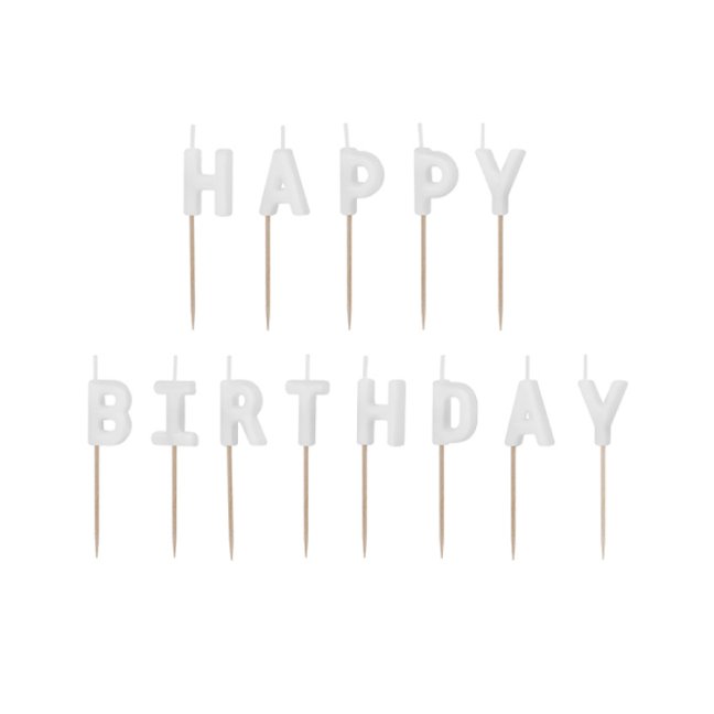 Dortové svíčky - Happy Birthday, bílé, 13 ks, 2,5 cm