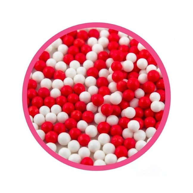 Červené a bílé 5 mm cukrové perly SweetArt (80 g)