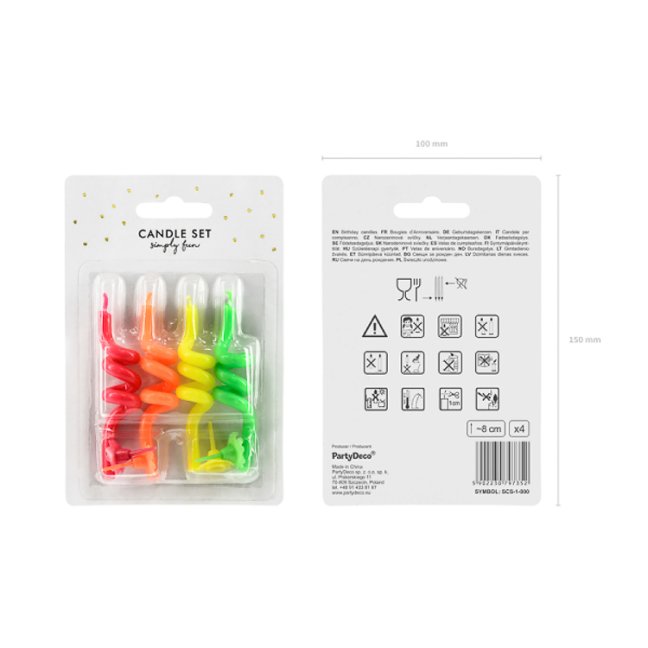 Dortové svíčky - zakroucená, barevný mix, 4 ks, 8 cm