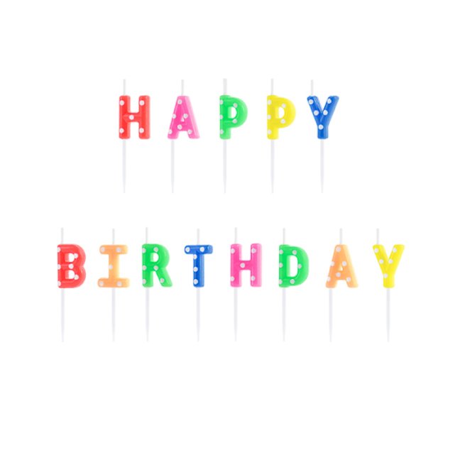 Dortové svíčky - Happy Birthday, barevný mix, 13 ks, 2,5 cm