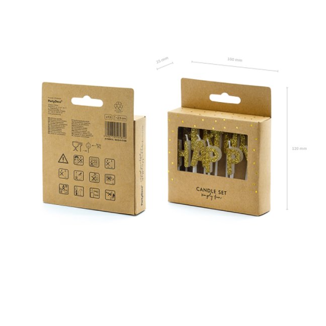 Dortové svíčky - Happy Birthday, zlatá, 13 ks, 2,5 cm