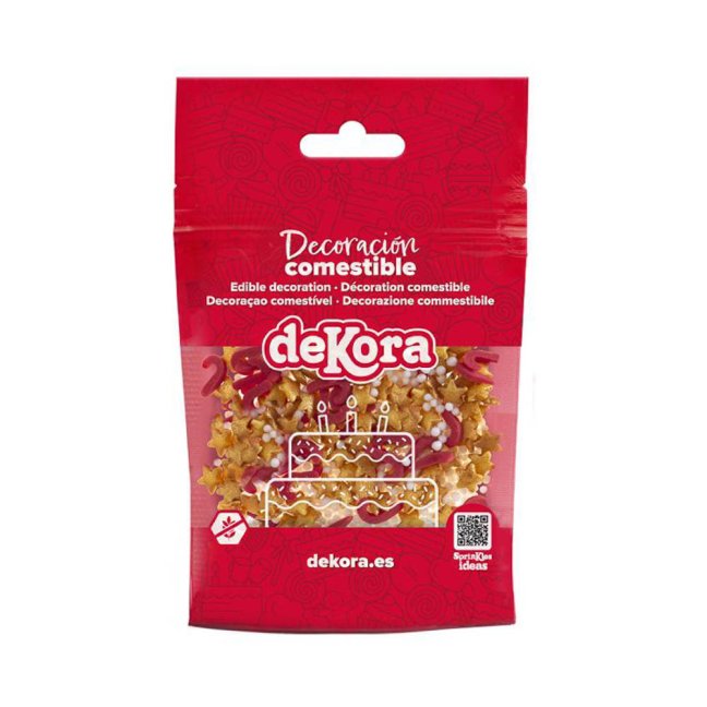 Cukrové zdobení Hvězdičky zlaté a hůlky červené Dekora (100 g)